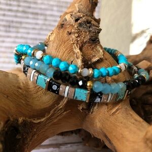 Hand Crafted Turquoise blue and Black Beaded Stretchy Bracelets set of 3